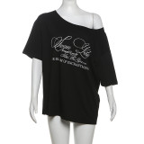 Fashionable Letter Print Off-shoulder Short-sleeved Loose T-shirt Top