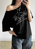 Fashionable Letter Print Off-shoulder Short-sleeved Loose T-shirt Top