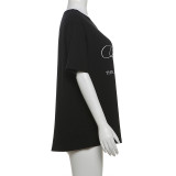 Fashionable Letter Print Off-shoulder Short-sleeved Loose T-shirt Top