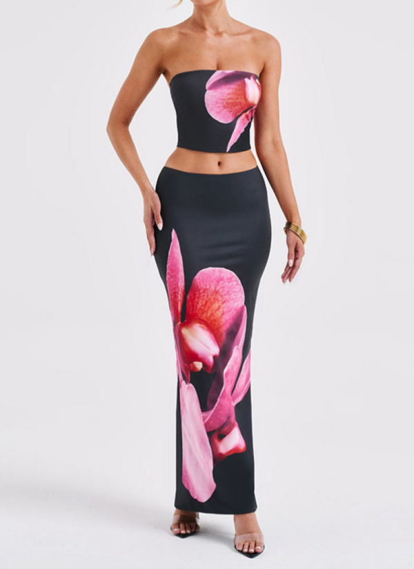 Fashion Tube Top Printed Vest Slim Hip Skirt Suit