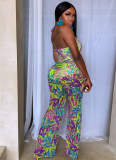 Sexy Printed Cross Halter Neck Hollow Back Loose Comfortable Waist Jumpsuit