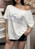 Fashionable Letter Print Off-shoulder Short-sleeved Loose T-shirt Top