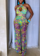 Sexy Printed Cross Halter Neck Hollow Back Loose Comfortable Waist Jumpsuit