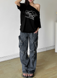 Fashionable Letter Print Off-shoulder Short-sleeved Loose T-shirt Top