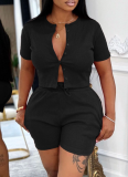 Casual Solid Color Buckle O Neck Short Sleeve Two Pieces