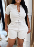 Casual Solid Color Buckle O Neck Short Sleeve Two Pieces