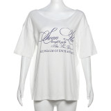 Fashionable Letter Print Off-shoulder Short-sleeved Loose T-shirt Top