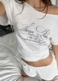 Fashionable Letter Print Off-shoulder Short-sleeved Loose T-shirt Top
