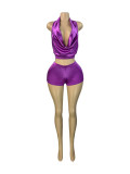 Sexy Solid Color Backless Strap Design Halter Sleeveless Two Pieces