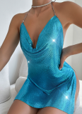 Sexy V-neck Halter Neck Backless Metal Sequined Slit Dress
