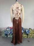 Fashion Printed Waist Vest High Waist Half-Length Pleated Skirt Two-piece Set