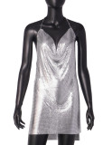 Sexy V-neck Halter Neck Backless Metal Sequined Slit Dress