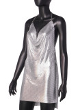 Sexy V-neck Halter Neck Backless Metal Sequined Slit Dress