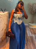Fashion Printed Waist Vest High Waist Half-Length Pleated Skirt Two-piece Set