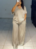 Casual Loose V-Neck Striped Short Sleeve Top Wide Leg Pants Set