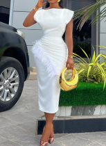 Fashion Short-sleeved Solid Color Pleated Raw Edge Slim Fit Mid-length Dress