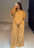 Casual Loose V-Neck Striped Short Sleeve Top Wide Leg Pants Set
