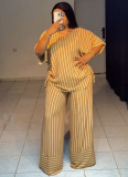 Casual Loose V-Neck Striped Short Sleeve Top Wide Leg Pants Set