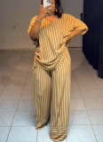 Casual Loose V-Neck Striped Short Sleeve Top Wide Leg Pants Set