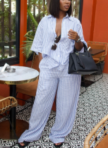Casual Lapel Three-quarter Sleeve Striped Shirt High Waist Trousers Two-piece Suit