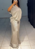 Casual Loose V-Neck Striped Short Sleeve Top Wide Leg Pants Set