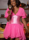 New Style Bight Pink Deep V-neck Waist Lotus Leaf Sleeve Dress
