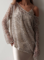 Casual Color Hollow Loose Fit Pullover Sequin Top