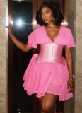 New Style Bight Pink Deep V-neck Waist Lotus Leaf Sleeve Dress