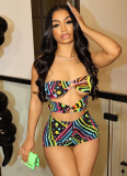 Sexy Colorful Graffiti Print Ring Hollow Tube Top Tight Suit