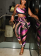 Sexy Contrast Color Positioning Print Top Vest Trousers Set