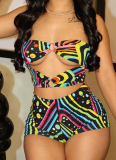 Sexy Colorful Graffiti Print Ring Hollow Tube Top Tight Suit