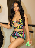 Sexy Colorful Graffiti Print Ring Hollow Tube Top Tight Suit