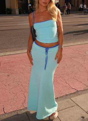 Fashion Solid Color Sleeveless Suspender Tube Top High Waist Long Skirt Suit
