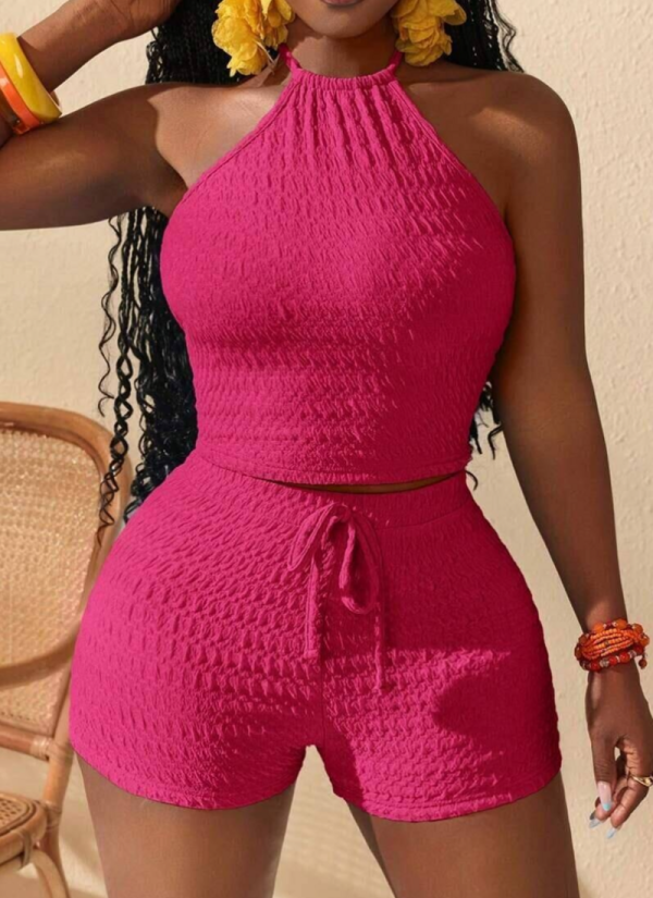 Sexy Knit Hollow Halter Neck Top Shorts Set