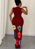 Fashion Round Neck Sleeveless Positioning Printing Hollow Printing A-line Dress