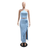Sexy Solid Color With Lace-up Sleeveless Top and Side Ruffled Skirt Suit
