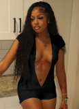Sexy Solid Color V-neck Short-sleeved Tight Shorts Jumpsuit