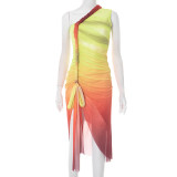 Sexy Gradient Print Off-shoulder Sleeveless Gathered Ribbon Slit Midi Dress