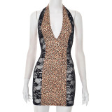 Sexy Leopard Print V-Neck Halter Lace Hip-Wrap Short Skirt Dress