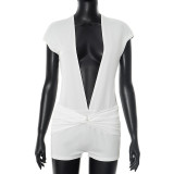 Sexy Solid Color V-neck Short-sleeved Tight Shorts Jumpsuit