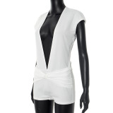 Sexy Solid Color V-neck Short-sleeved Tight Shorts Jumpsuit