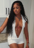 Sexy Solid Color V-neck Short-sleeved Tight Shorts Jumpsuit