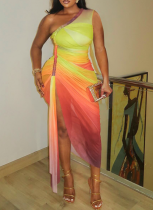 Sexy Gradient Print Off-shoulder Sleeveless Gathered Ribbon Slit Midi Dress