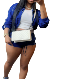 Sexy Long-sleeved Zipper Contrast Ribbon Shorts Two-piece Set