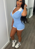Casual Solid Color Sexy Buttoned V-neck Short-sleeved Jumpsuit