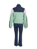 Fashionable German Velvet Colorblock Zipper Cardigan Leggings Sports Suit