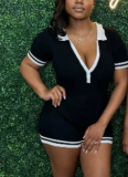 Casual Solid Color Sexy Buttoned V-neck Short-sleeved Jumpsuit