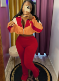 Fashionable German Velvet Colorblock Zipper Cardigan Leggings Sports Suit
