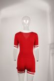 Casual Solid Color Sexy Buttoned V-neck Short-sleeved Jumpsuit
