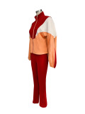 Fashionable German Velvet Colorblock Zipper Cardigan Leggings Sports Suit